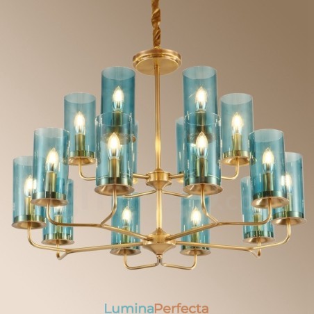 Candelabru cu pandantiv din alamă, retro, rustic, de lux, cu 16 lumini, cu abajur din sticlă Candelabru cu pandantiv din alamă, retro, rustic, de lux, cu 16 lumini, cu abajur din sticlă