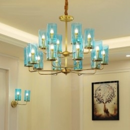 Candelabru cu pandantiv din alamă, retro, rustic, de lux, cu 16 lumini, cu abajur din sticlă