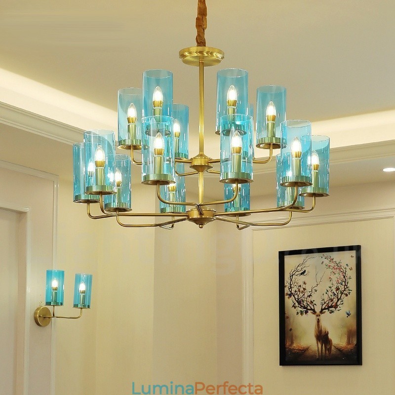 Candelabru cu pandantiv din alamă, retro, rustic, de lux, cu 16 lumini, cu abajur din sticlă
