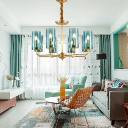 Candelabru cu pandantiv din alamă, retro, rustic, de lux, cu 8 lumini, cu abajur din sticlă