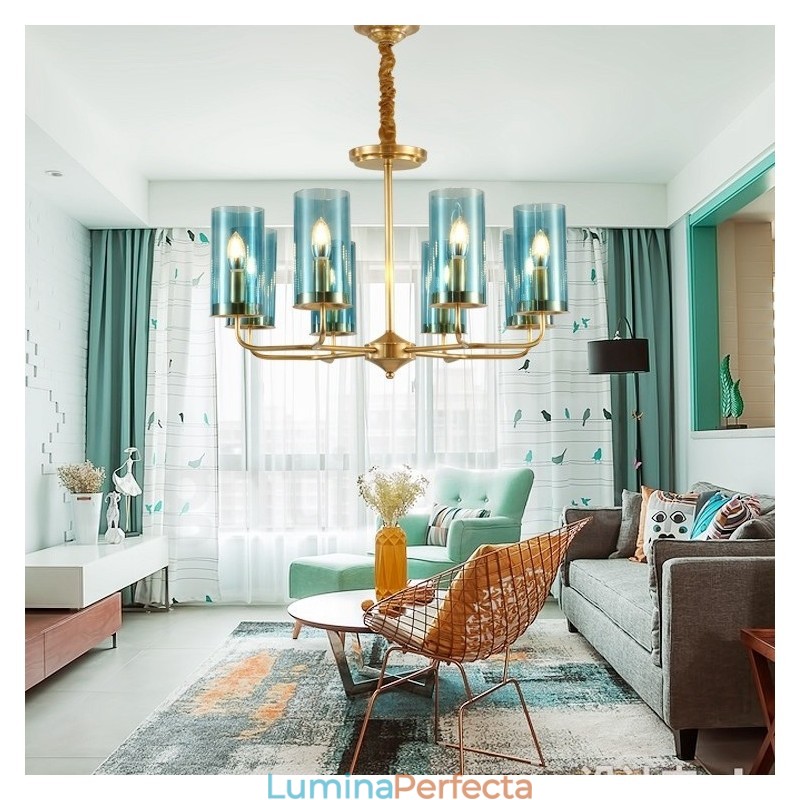 Candelabru cu pandantiv din alamă, retro, rustic, de lux, cu 8 lumini, cu abajur din sticlă