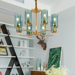 Candelabru cu pandantiv din alamă, retro, rustic, de lux, cu 8 lumini, cu abajur din sticlă