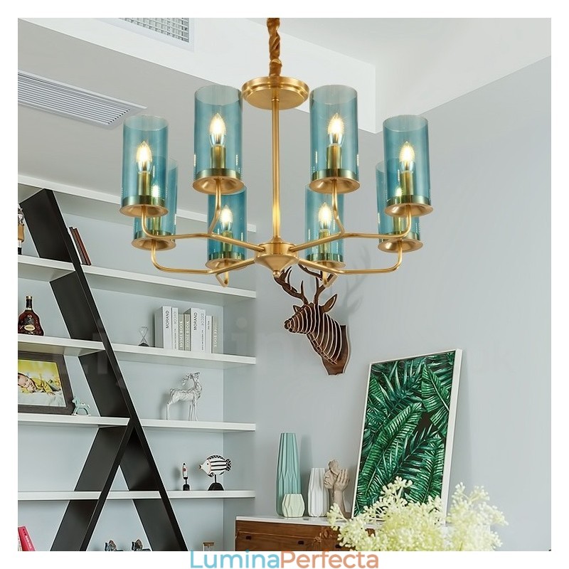 Candelabru cu pandantiv din alamă, retro, rustic, de lux, cu 8 lumini, cu abajur din sticlă