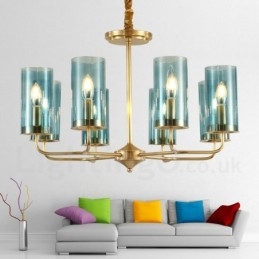 Candelabru cu pandantiv din alamă, retro, rustic, de lux, cu 8 lumini, cu abajur din sticlă