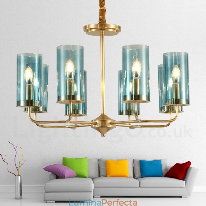 Candelabru cu pandantiv din alamă, retro, rustic, de lux, cu 8 lumini, cu abajur din sticlă