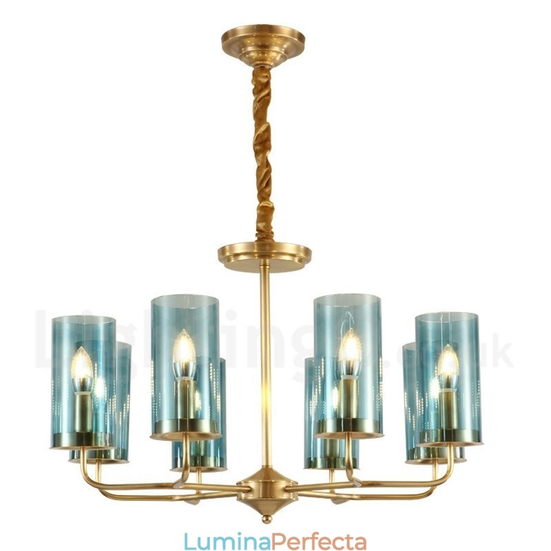 Candelabru cu pandantiv din alamă, retro, rustic, de lux, cu 8 lumini, cu abajur din sticlă