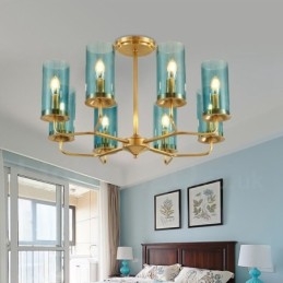 Candelabru cu pandantiv din alamă, retro, rustic, de lux, cu 8 lumini, cu abajur din sticlă