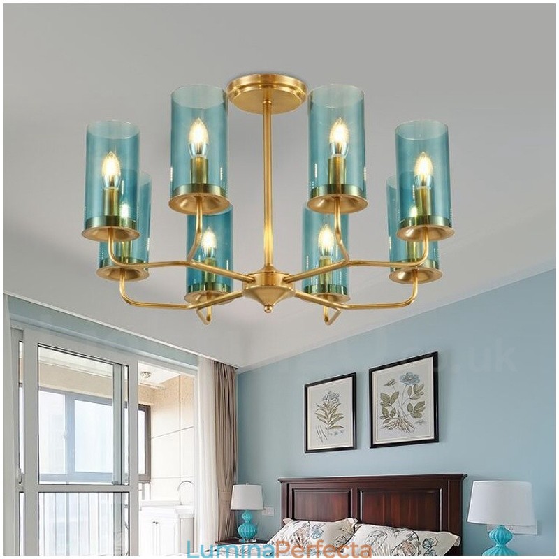 Candelabru cu pandantiv din alamă, retro, rustic, de lux, cu 8 lumini, cu abajur din sticlă