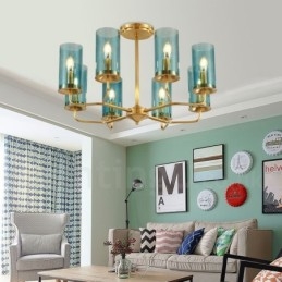 Candelabru cu pandantiv din alamă, retro, rustic, de lux, cu 8 lumini, cu abajur din sticlă