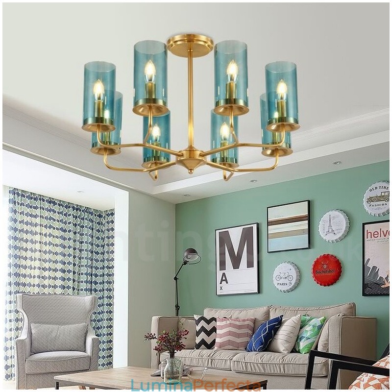 Candelabru cu pandantiv din alamă, retro, rustic, de lux, cu 8 lumini, cu abajur din sticlă