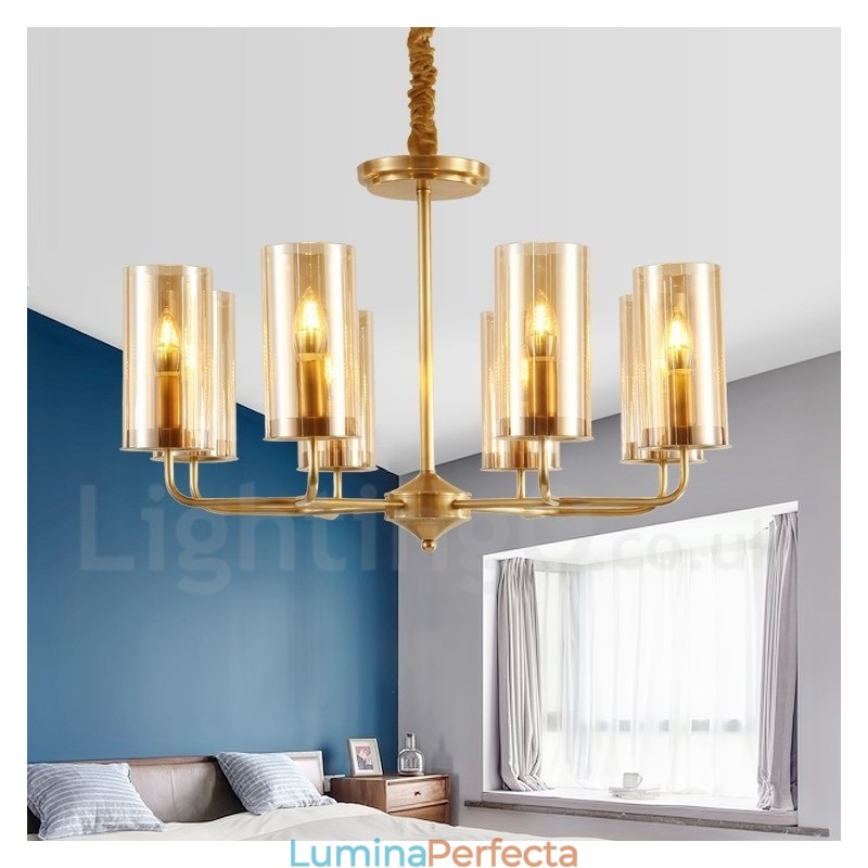 Candelabru cu pandantiv din alamă, retro, rustic, de lux, cu 8 lumini, cu abajur din sticlă