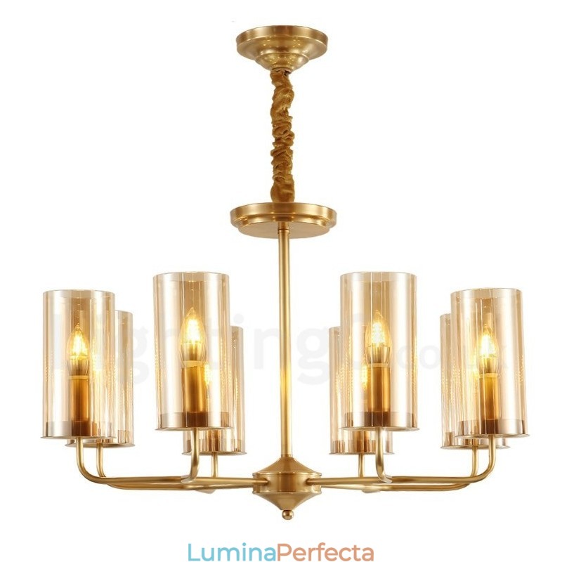 Candelabru cu pandantiv din alamă, retro, rustic, de lux, cu 8 lumini, cu abajur din sticlă