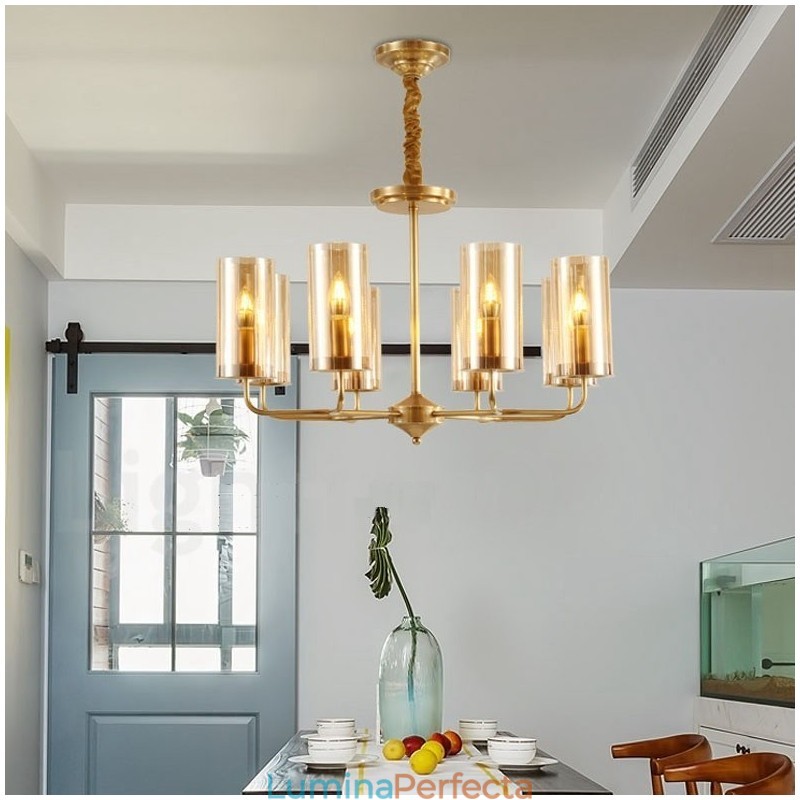 Candelabru cu pandantiv din alamă, retro, rustic, de lux, cu 8 lumini, cu abajur din sticlă