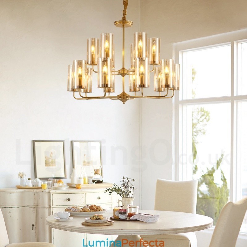 Candelabru cu pandantiv din alamă, retro, rustic, de lux, cu 16 lumini, cu abajur din sticlă
