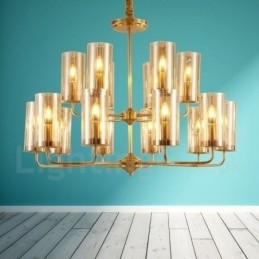 Candelabru cu pandantiv din alamă, retro, rustic, de lux, cu 16 lumini, cu abajur din sticlă