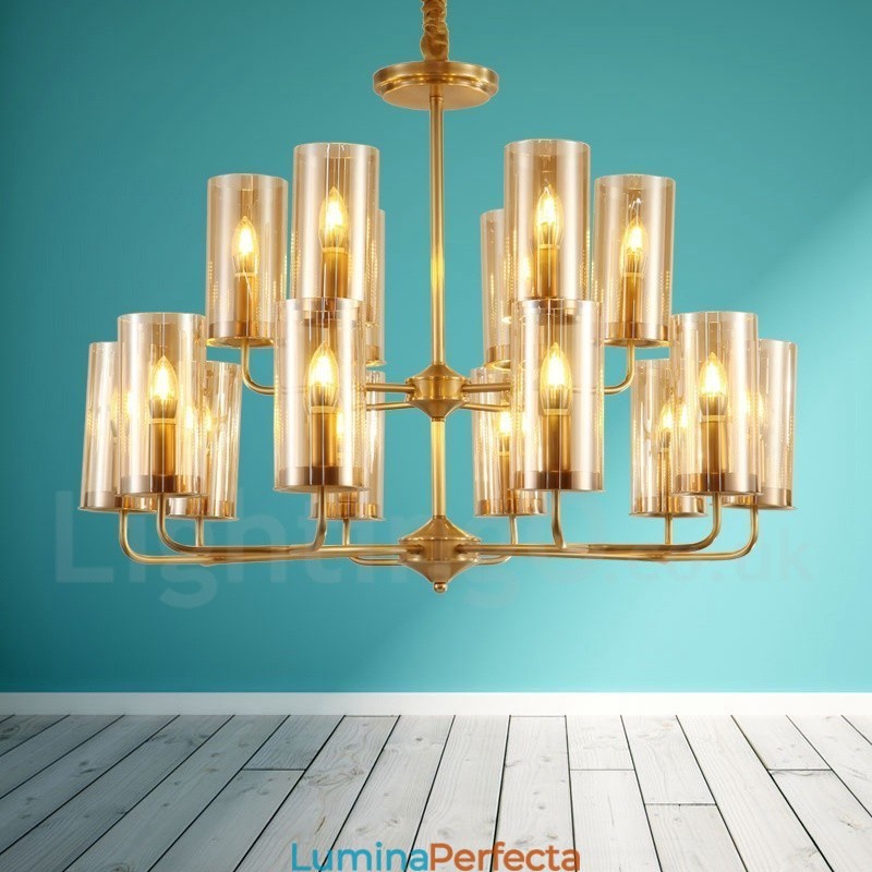 Candelabru cu pandantiv din alamă, retro, rustic, de lux, cu 16 lumini, cu abajur din sticlă
