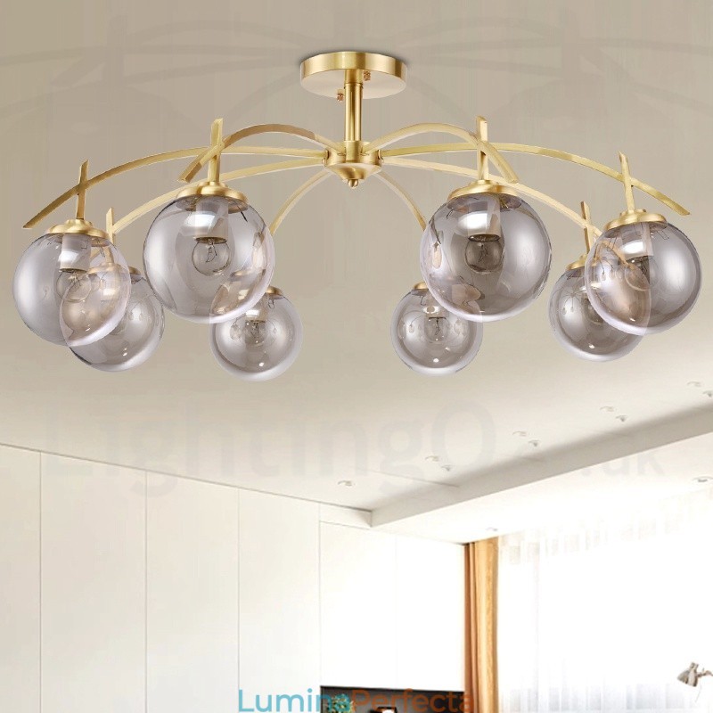 Candelabru cu pandantiv din alamă, retro, rustic, de lux, cu 8 lumini, cu abajur din sticlă