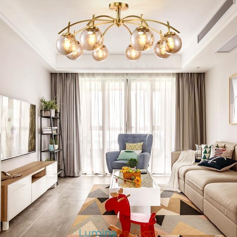 Candelabru cu pandantiv din alamă, retro, rustic, de lux, cu 8 lumini, cu abajur din sticlă