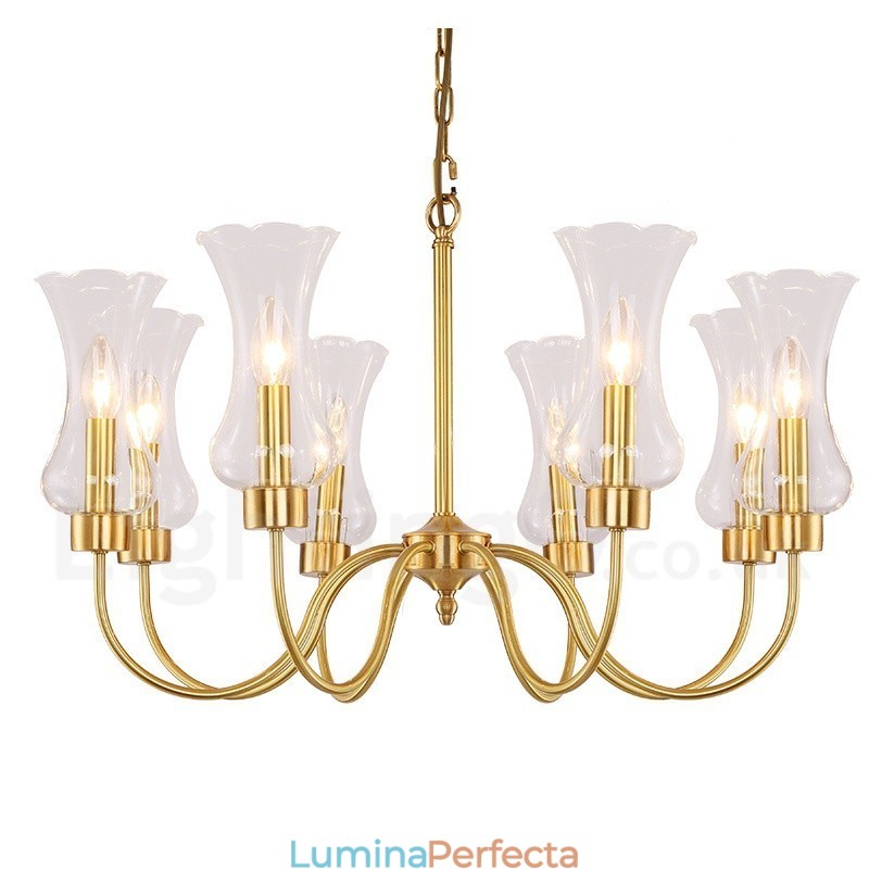 Candelabru cu pandantiv din alamă, retro, rustic, de lux, cu 8 lumini, cu abajur din sticlă