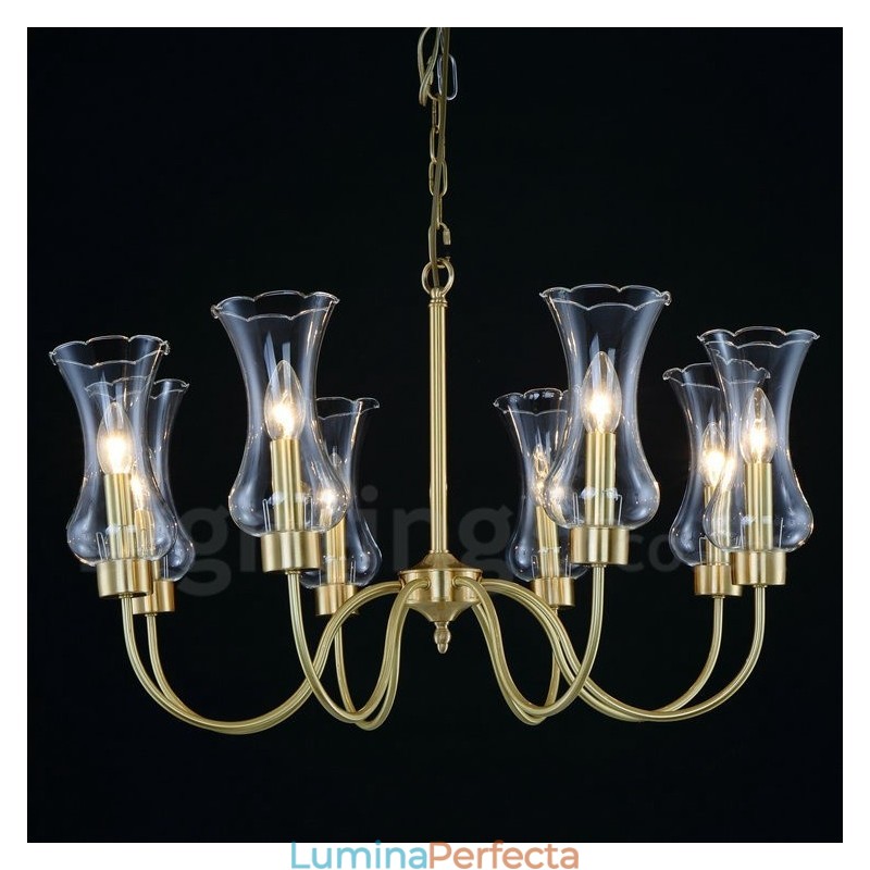 Candelabru cu pandantiv din alamă, retro, rustic, de lux, cu 8 lumini, cu abajur din sticlă
