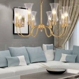 Candelabru cu pandantiv din alamă, retro, rustic, de lux, cu 8 lumini, cu abajur din sticlă