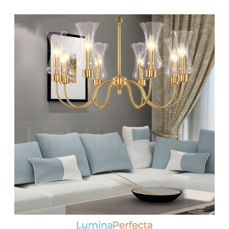 Candelabru cu pandantiv din alamă, retro, rustic, de lux, cu 8 lumini, cu abajur din sticlă