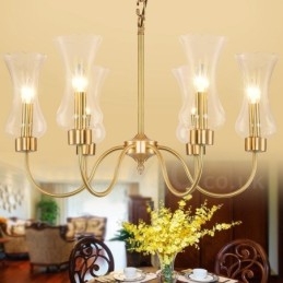 Candelabru cu pandantiv din alamă, retro, rustic, de lux, cu 6 lumini, cu abajur din sticlă
