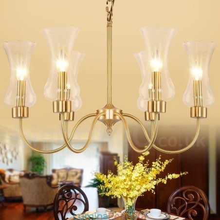 Candelabru cu pandantiv din alamă, retro, rustic, de lux, cu 6 lumini, cu abajur din sticlă Candelabru cu pandantiv din alamă, retro, rustic, de lux, cu 6 lumini, cu abajur din sticlă