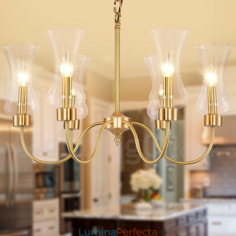 Candelabru cu pandantiv din alamă, retro, rustic, de lux, cu 6 lumini, cu abajur din sticlă