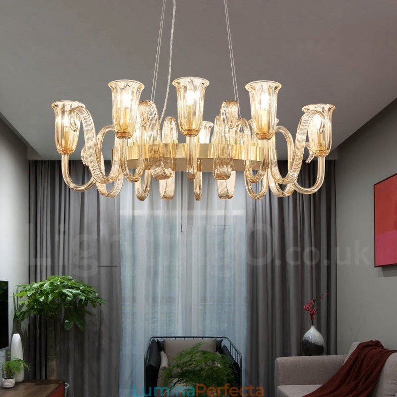 Lampă suspendată cu 8 lumini, retro, rustic, lux, din aliaj de aluminiu, cu abajur din sticlă