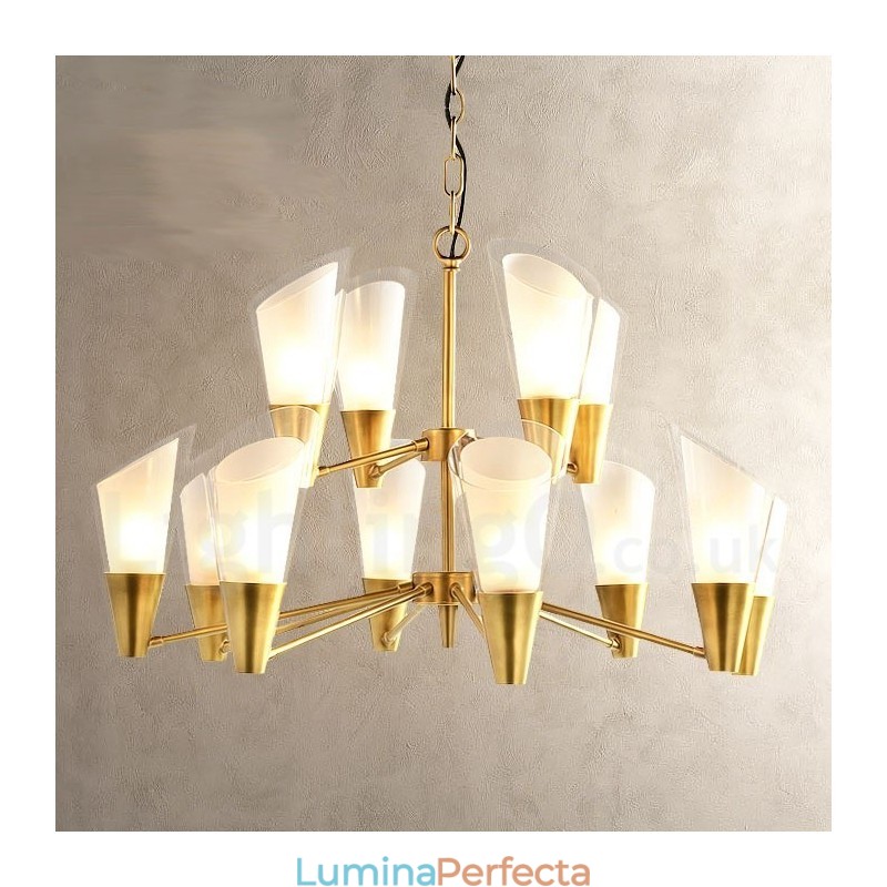 Candelabru cu pandantiv din alamă, retro, rustic, de lux, cu 12 lumini, cu abajur din sticlă