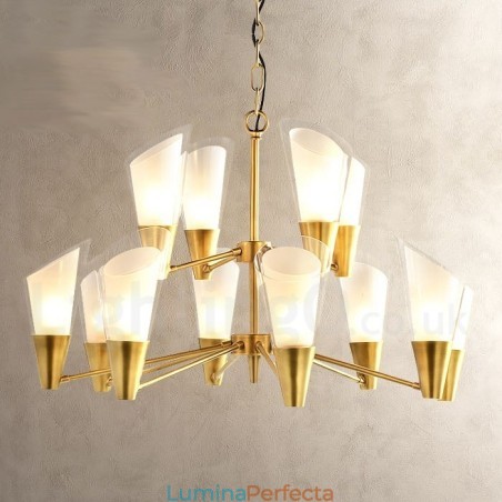 Candelabru cu pandantiv din alamă, retro, rustic, de lux, cu 12 lumini, cu abajur din sticlă Candelabru cu pandantiv din alamă, retro, rustic, de lux, cu 12 lumini, cu abajur din sticlă