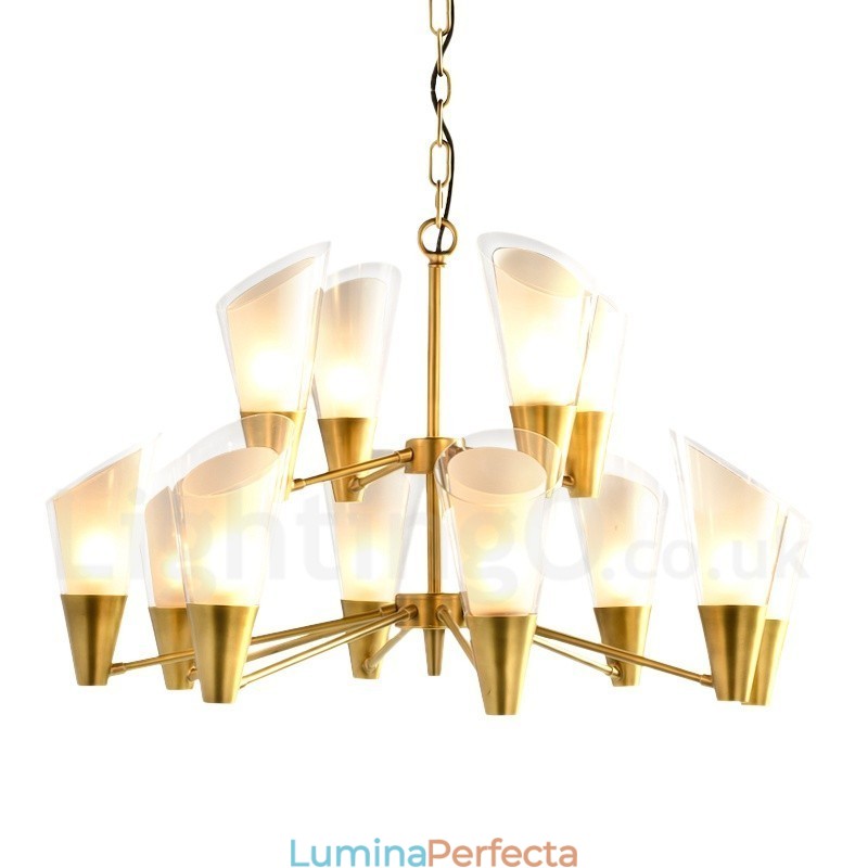Candelabru cu pandantiv din alamă, retro, rustic, de lux, cu 12 lumini, cu abajur din sticlă