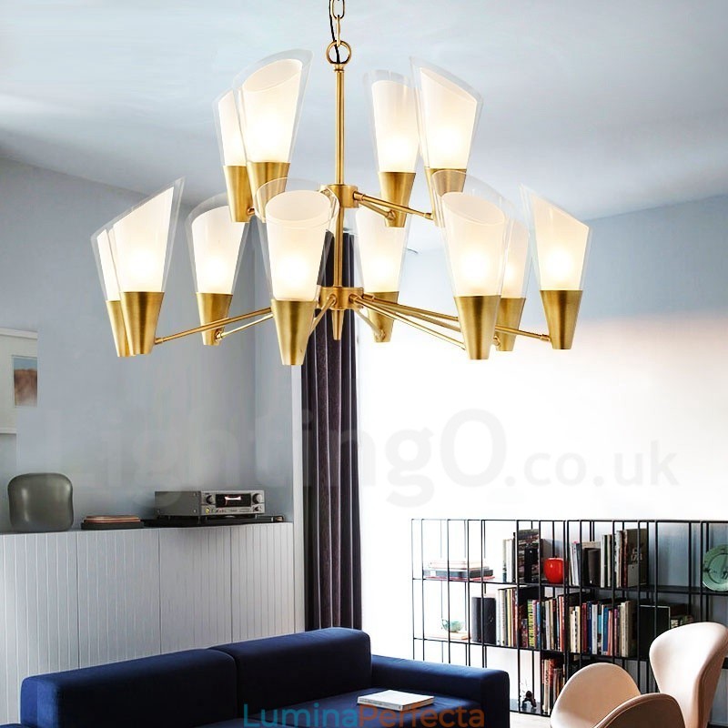 Candelabru cu pandantiv din alamă, retro, rustic, de lux, cu 12 lumini, cu abajur din sticlă