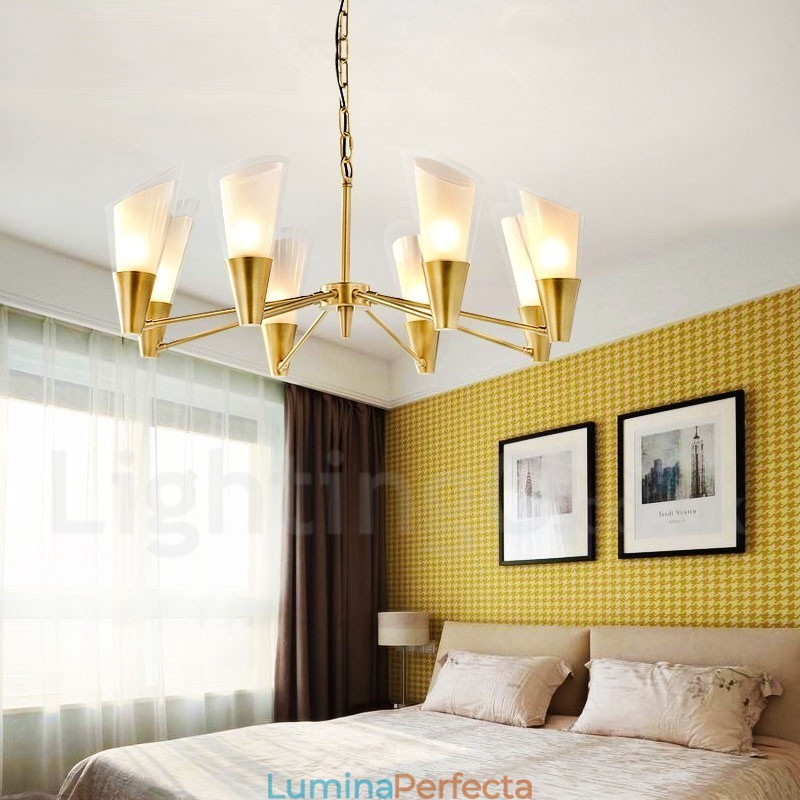 Candelabru cu pandantiv din alamă, retro, rustic, de lux, cu 8 lumini, cu abajur din sticlă