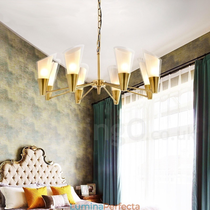 Candelabru cu pandantiv din alamă, retro, rustic, de lux, cu 8 lumini, cu abajur din sticlă