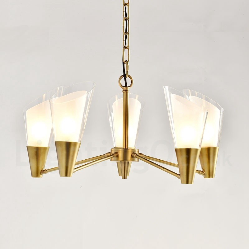 Candelabru cu pandantiv din alamă, retro, rustic, de lux, cu 5 lumini, cu abajur din sticlă