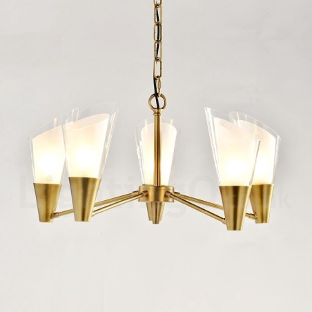 Candelabru cu pandantiv din alamă, retro, rustic, de lux, cu 5 lumini, cu abajur din sticlă Candelabru cu pandantiv din alamă, retro, rustic, de lux, cu 5 lumini, cu abajur din sticlă