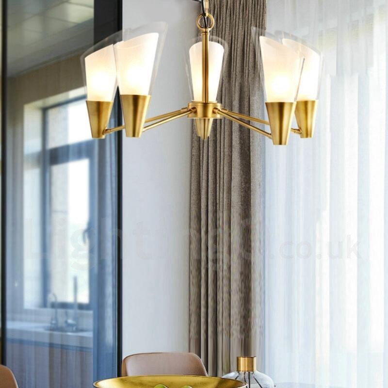 Candelabru cu pandantiv din alamă, retro, rustic, de lux, cu 5 lumini, cu abajur din sticlă