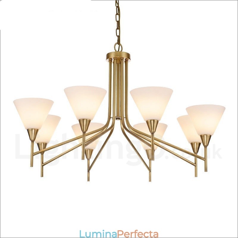 Candelabru cu pandantiv din alamă, retro, rustic, de lux, cu 8 lumini, cu abajur din sticlă