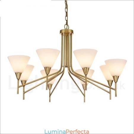 Candelabru cu pandantiv din alamă, retro, rustic, de lux, cu 8 lumini, cu abajur din sticlă