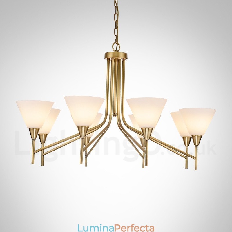Candelabru cu pandantiv din alamă, retro, rustic, de lux, cu 8 lumini, cu abajur din sticlă