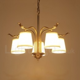 Candelabru cu suspendare din alamă, retro, rustic, de lux, cu 5 lumini, cu abajur din material textil
