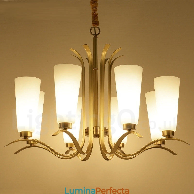 Candelabru cu pandantiv din alamă, retro, rustic, de lux, cu 8 lumini, cu abajur din sticlă