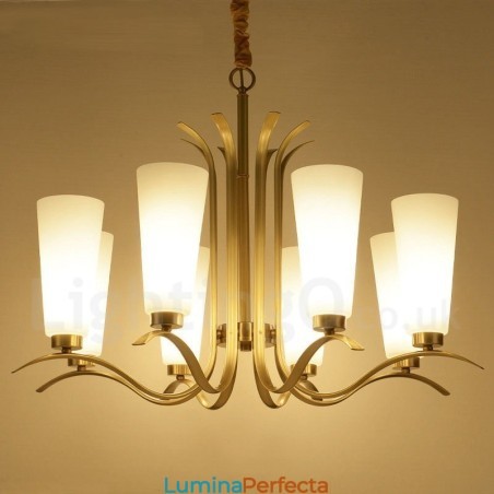 Candelabru cu pandantiv din alamă, retro, rustic, de lux, cu 8 lumini, cu abajur din sticlă Candelabru cu pandantiv din alamă, retro, rustic, de lux, cu 8 lumini, cu abajur din sticlă