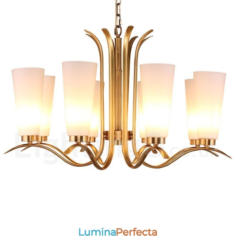 Candelabru cu pandantiv din alamă, retro, rustic, de lux, cu 8 lumini, cu abajur din sticlă
