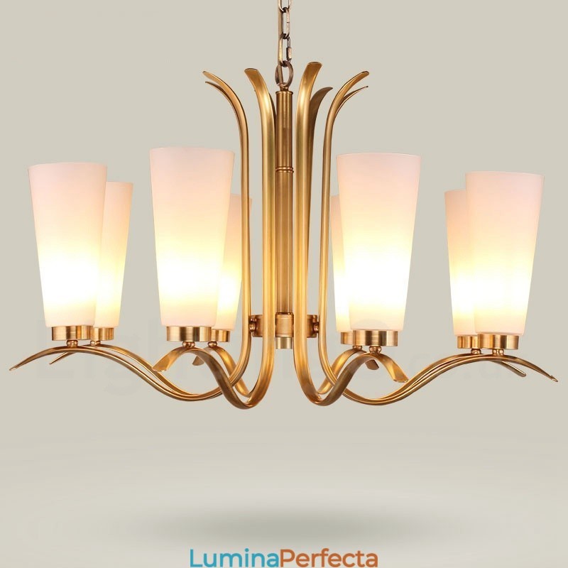 Candelabru cu pandantiv din alamă, retro, rustic, de lux, cu 8 lumini, cu abajur din sticlă