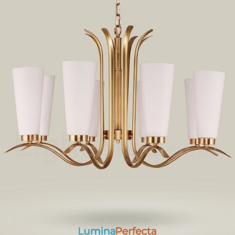 Candelabru cu pandantiv din alamă, retro, rustic, de lux, cu 8 lumini, cu abajur din sticlă