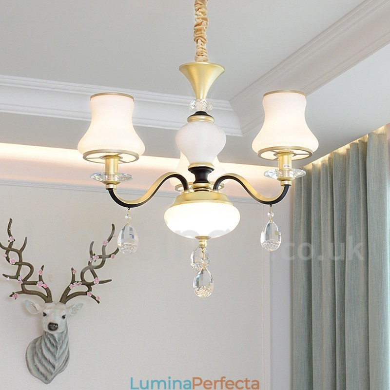 Candelabru cu pandantiv din cristal de lux, retro, rustic, cu 3 lumini, cu abajur din sticlă