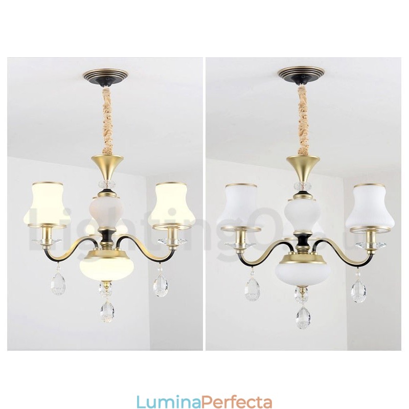 Candelabru cu pandantiv din cristal de lux, retro, rustic, cu 3 lumini, cu abajur din sticlă